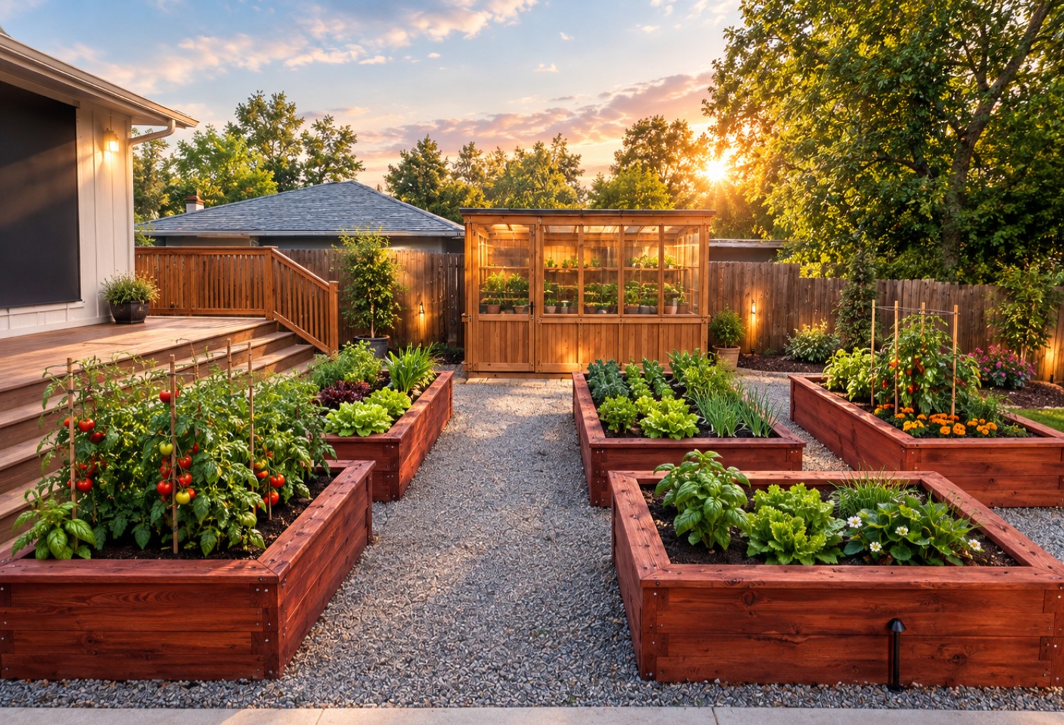 Wooden raised garden beds and planters